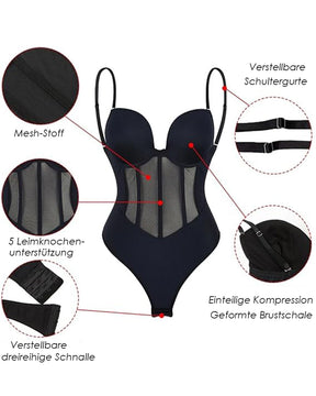 Sexy Mesh Shapewear Korsett Rückenfreier Tanga Bodysuit Mit Integriertem BH