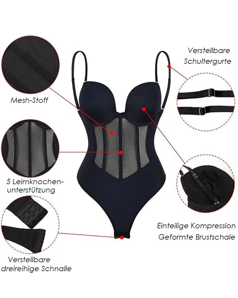 Sexy Mesh Shapewear Korsett Rückenfreier Tanga Bodysuit Mit Integriertem BH