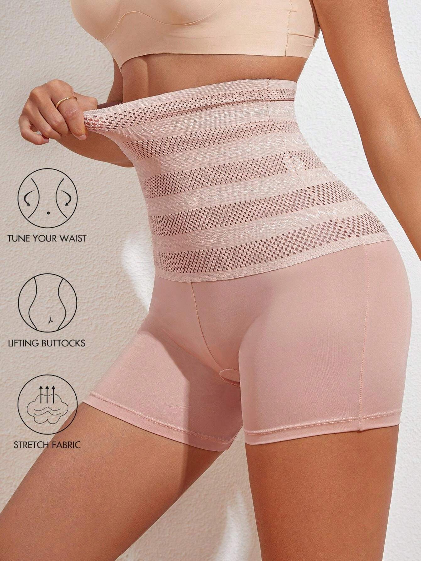 Hoher Taille Gestreift Hohl Shapewear Höschen Bauchweg Postpartale Unterwäsche