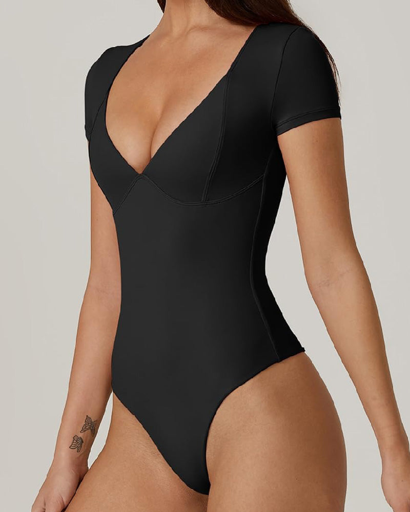 Damen V-Ausschnitt Kurzarm Doppellagige Naht-Cups Oberteil Bodysuit