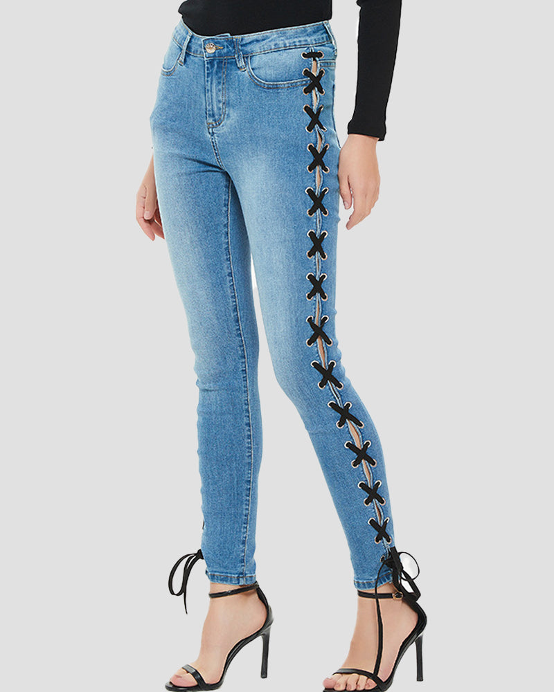 Sexy Seitlich überkreuzte Schmale Jeans mit Schnürung für Damen