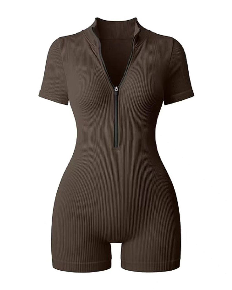 Damen Gerippter Kurzärmelig Reißverschluss Jumpsuit Stretch Bauchweg Workout Strampel