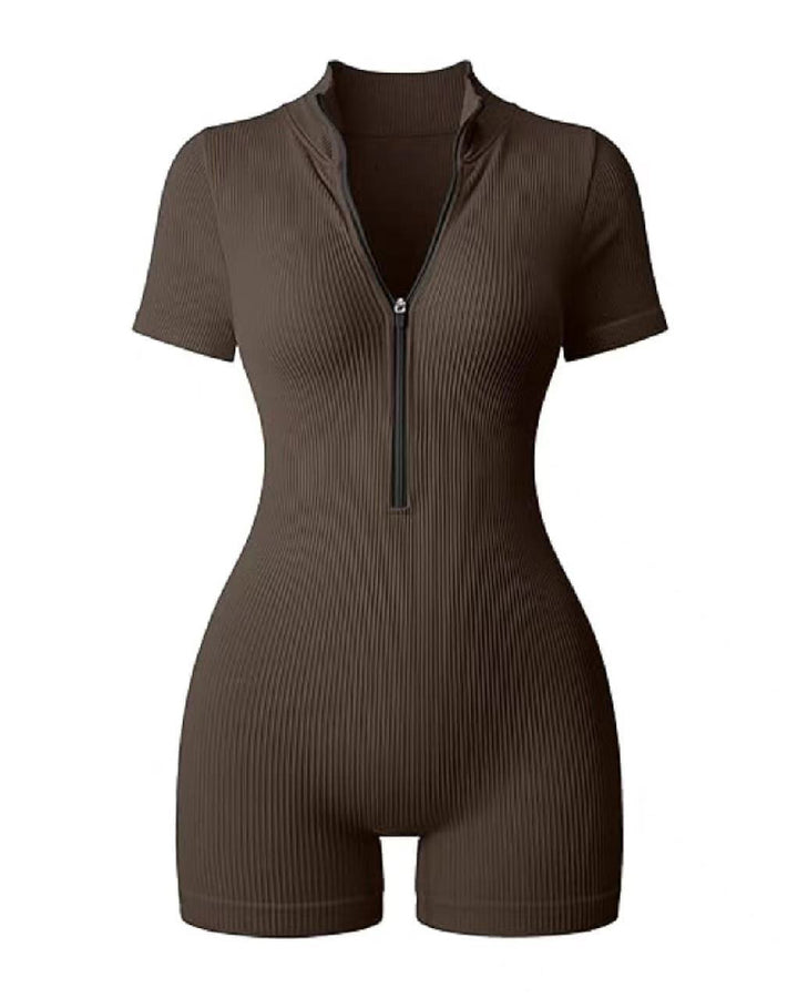 Damen Gerippter Kurzärmelig Reißverschluss Jumpsuit Stretch Bauchweg Workout Strampel