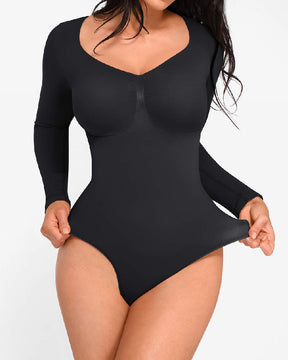 Nahtloser Langarm Brust Unterstützung Rauten Kragen Bauchkontrolle Tanga Bodysuit