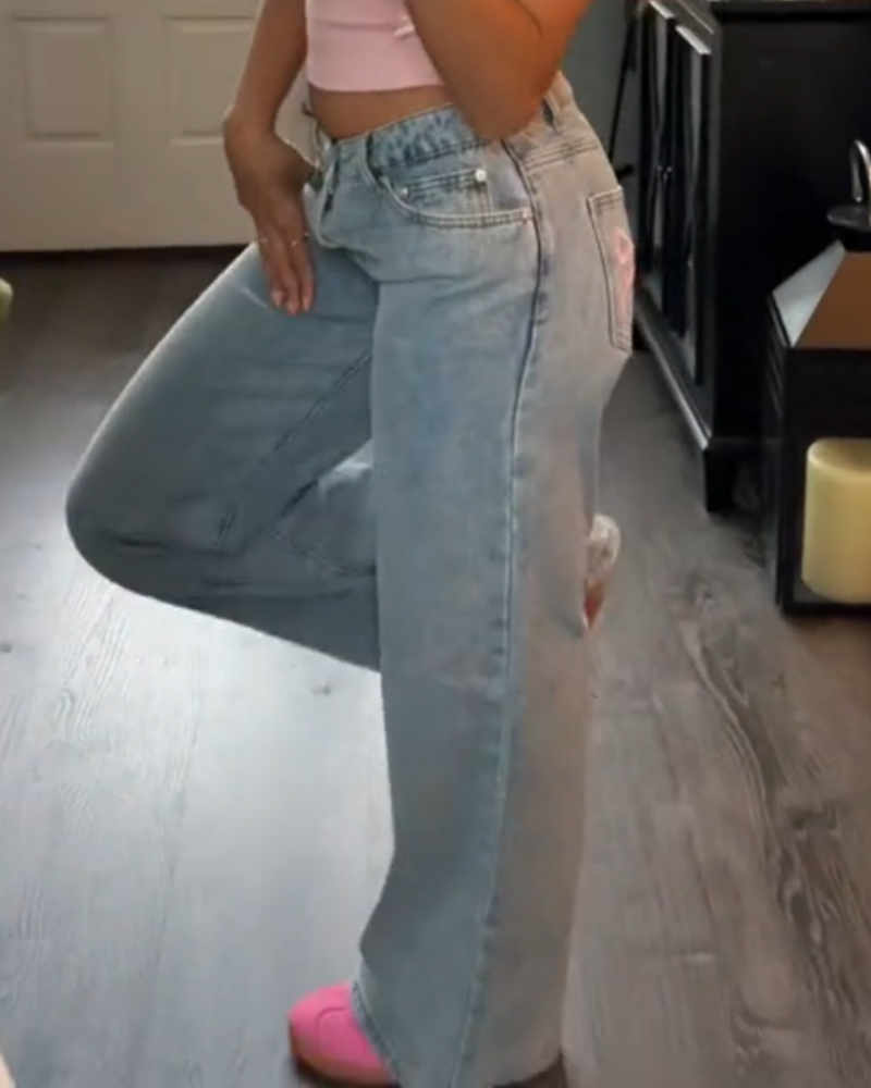 Lässige Verwaschene Jeans mit Weitem Bein und Bestickter Schleifentasche Passend zu Allen Outfits