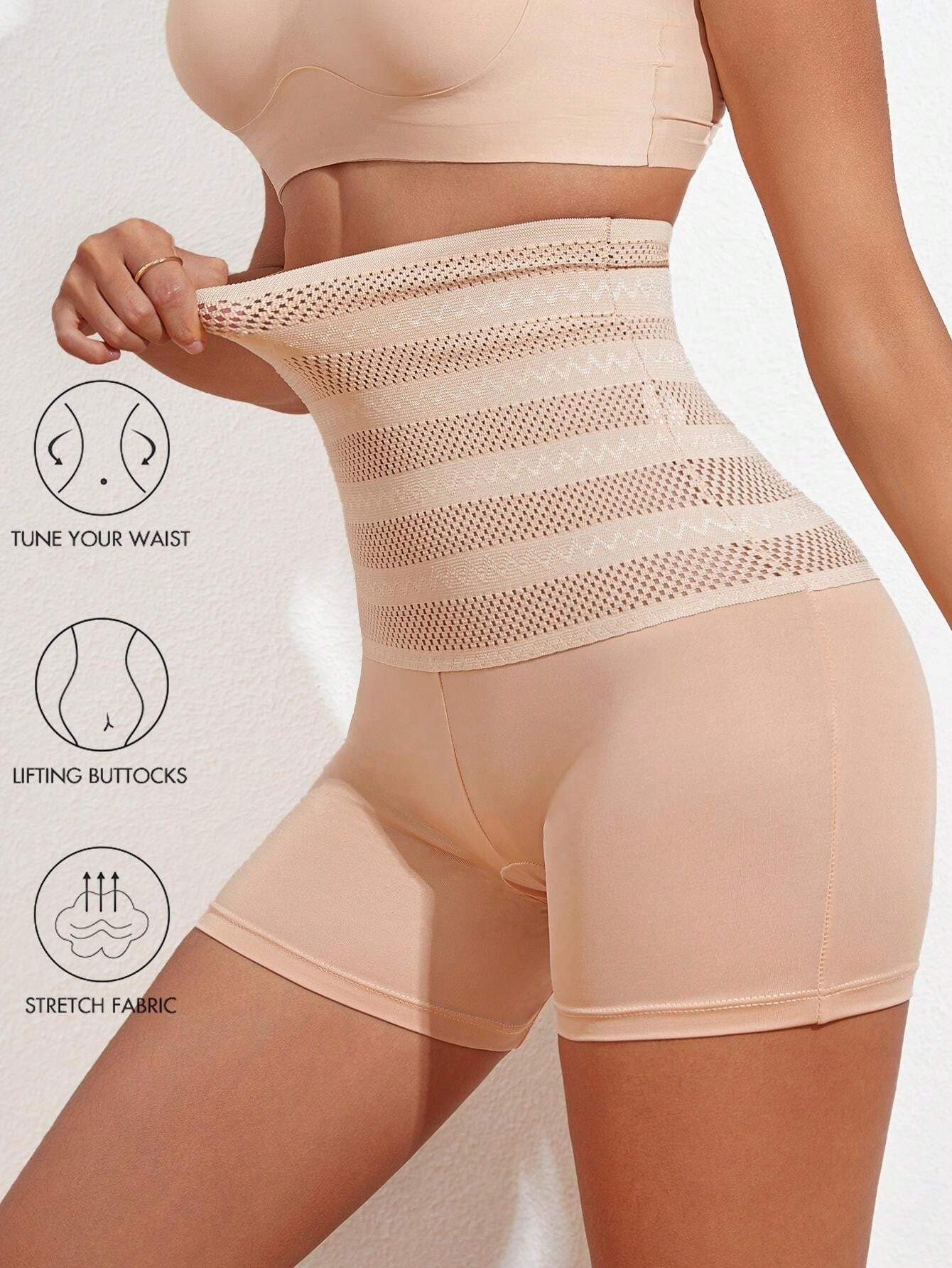 Hoher Taille Gestreift Hohl Shapewear Höschen Bauchweg Postpartale Unterwäsche