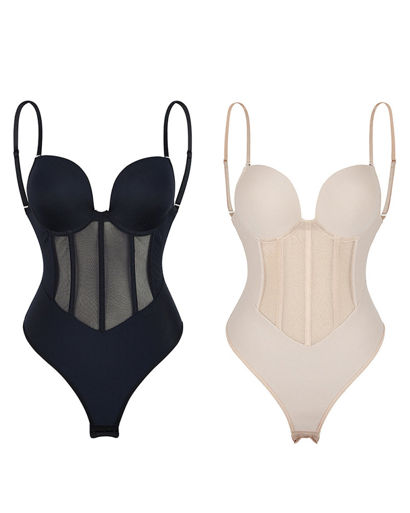 Sexy Mesh Shapewear Korsett Rückenfreier Tanga Bodysuit Mit Integriertem BH