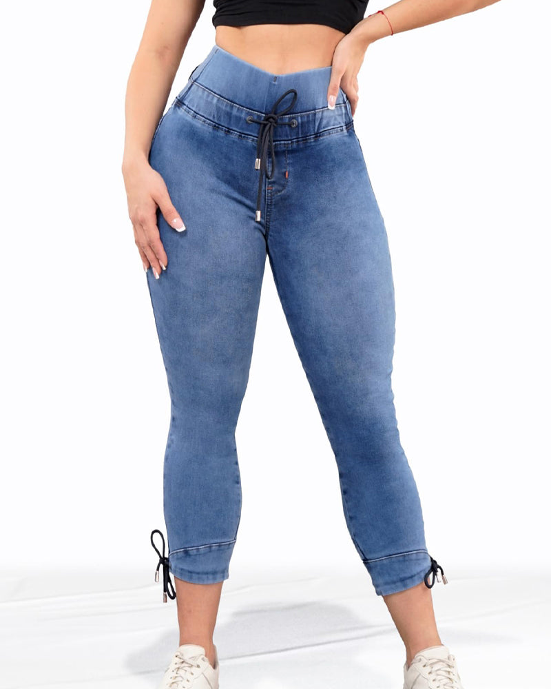 Kolumbianische Hoch Taillierte Kordelzug Po-Lifting Jeans für Damen
