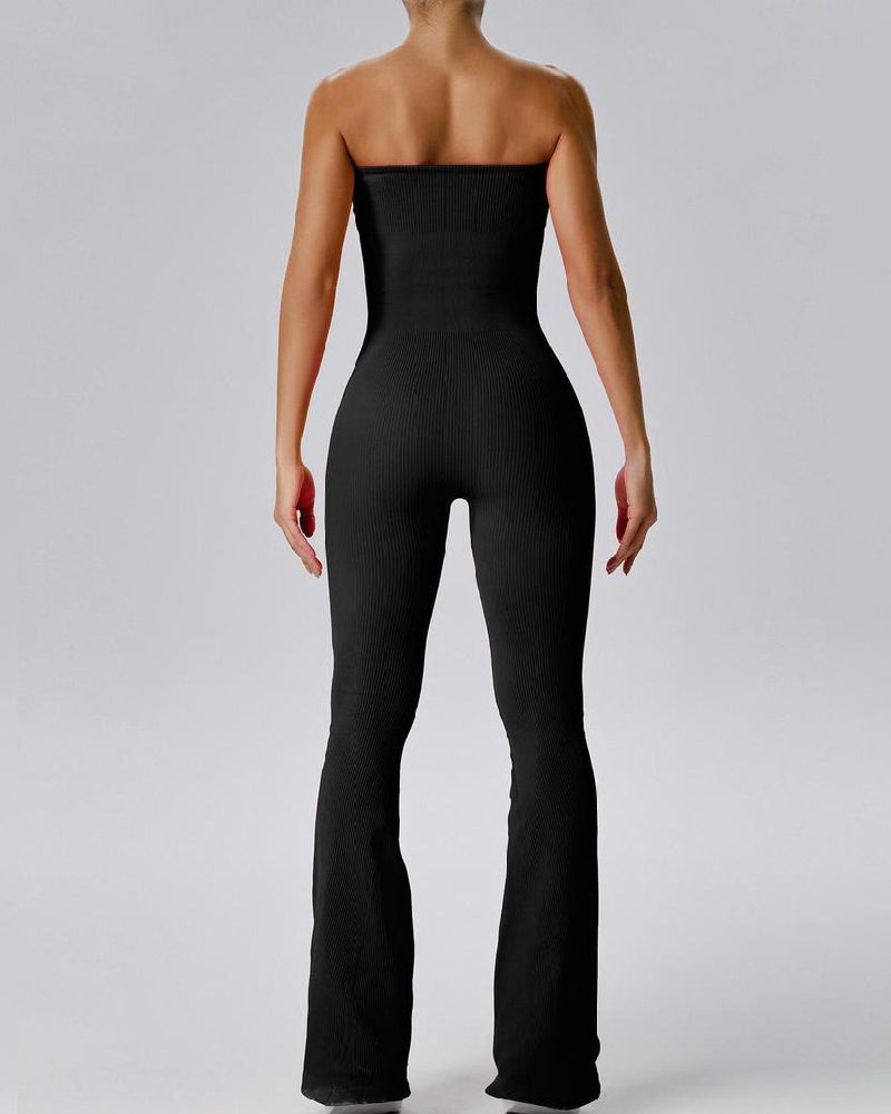 Gerippter Trägerloser Tube Top Ausgestelltem Bein Jumpsuit Für Damen