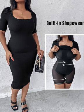 Integriertem Shapewear Kurzarm Quadrat-Ausschnitt Schmal Midi Kleid