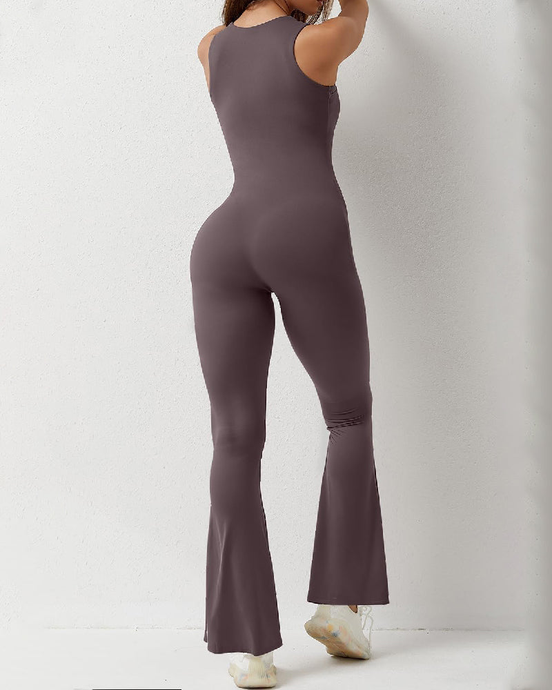 Damen Ärmelloser Sexy Quadratischem Ausschnitt Jumpsuit Stretch Flare Leggings Strampler