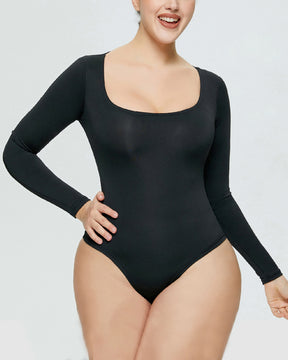 Damen Nahtlose Quadratischem Ausschnitt Langen Ärmeln Formende Tanga Unterhemd Bodysuits