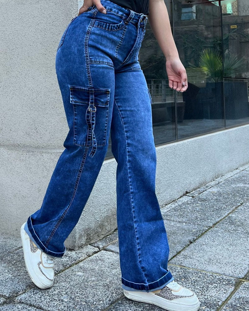 Damen Vintage Cargo Jeans Weites Bein Lässige Hose mit Hoher Taille und Großen Taschen