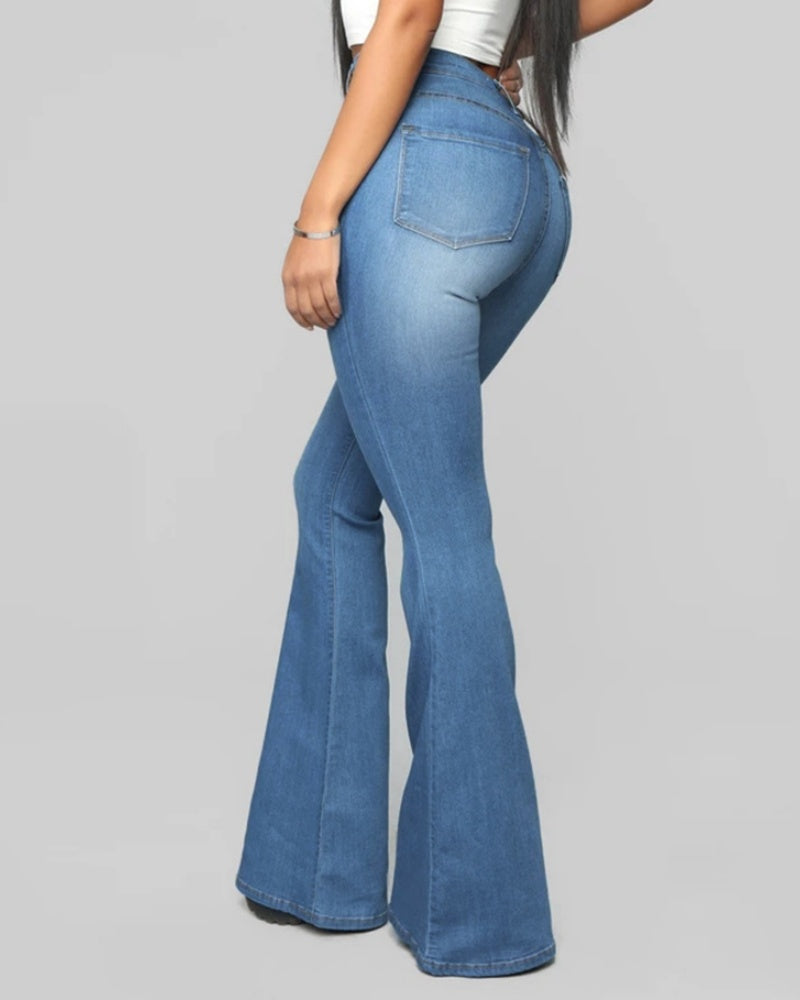 Modische Schmal Geschnittene Ausgewaschene Flare-Jeans mit Hoher Taille und Hüftlift