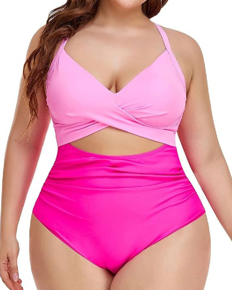 Einteilige Cutout Badeanzug Bauchweg Hoher Taille Bindeband Hinten Bademode