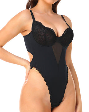 Sexy Durchsichtige Spitzen Rückenfrei Body Hochzeit Tiefer V-Ausschnitt Tanga Shapewear