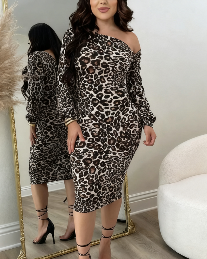 Sexy One Shoulder Langarm Bodycon Midikleid mit Leopardenmuster (Vorverkauf)