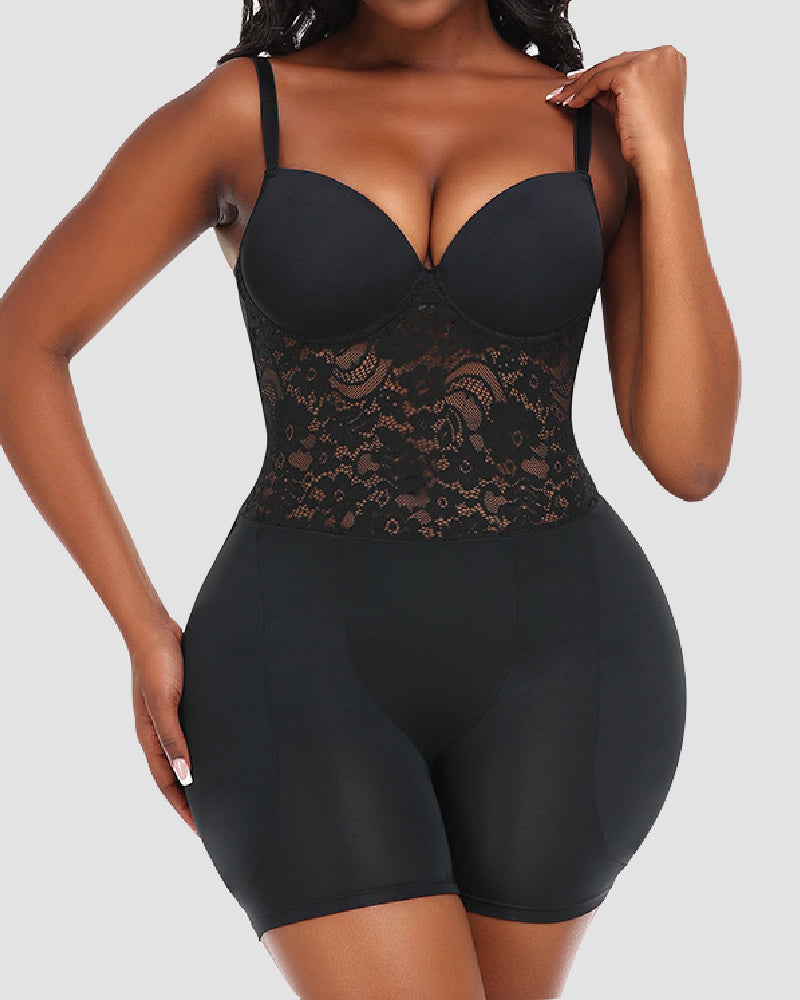 Rückenfreie Push-Up BH Spitze Bauchweg Offenem Schritt Shapewear Mit Abnehmbaren Po-Polstern