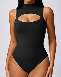 Hochkragen Hohlbrust Tanga Druckknopf Schritt Ärmelloses Glattes Bodysuit Shapewear