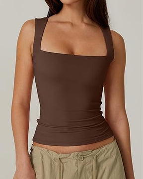 Damen Basic Quadratischem Ausschnitt Ärmellose Tanktops Doppellagig Formende Weste