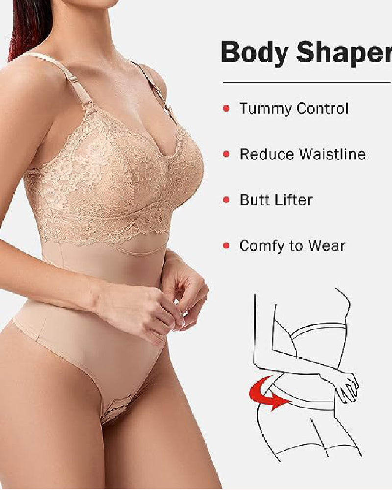 Nahtloser Spitzen Schlankmachender Bodysuit Bauchkontrolle Tanga Shapewear Mit BH