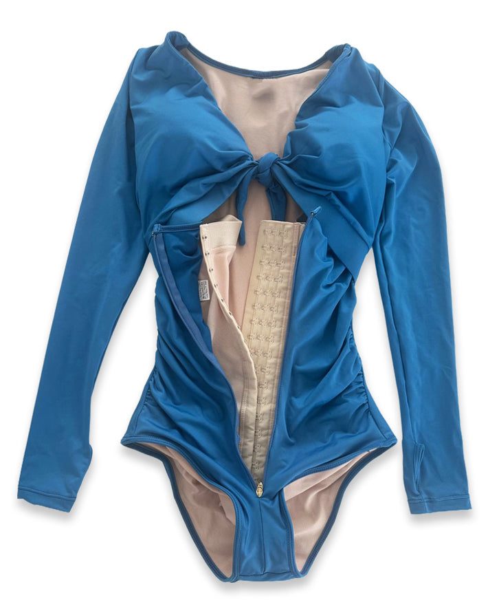 Shapshe® Blauer Langen Ärmeln Badeanzug Integriertem Shapewear Bademode Für Mollige