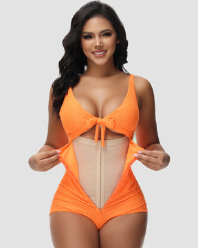 Damen Bauchweg Badeanzug Cut-Out Knoten Vorne Push Up Eingebauter Shapewear Badeanzug