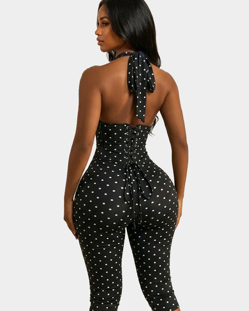 Hourglass Figure Body Shaper Waist Cincher Polka Dot Capri Jumpsuit Two-Piece Set