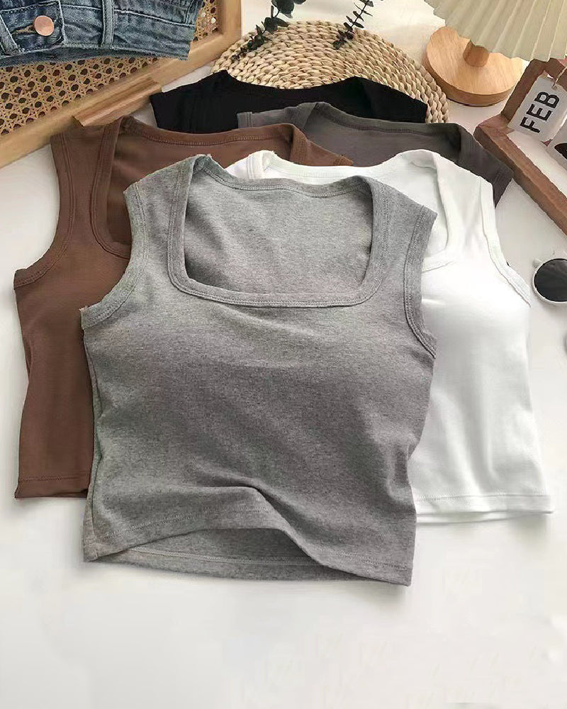 Damen Quadratischem Ausschnitt Ärmellos Lässig Basic Integrierter Gepolstert BH Tanktop