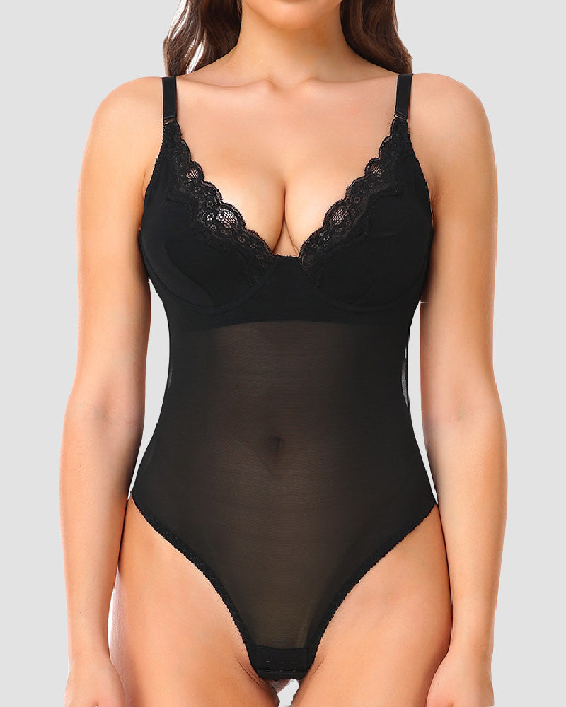 Damen Mesh Rückenfrei Body Atmungsaktiver Vollbusiger Spitzen Tanga Abendkleid Shapewear