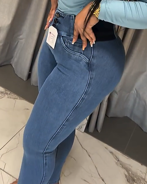 Kolumbianische Skinny Jeans mit Hoher Taille Elastischem Bund und Mehreren Knöpfen für Damen (Vorverkauf)