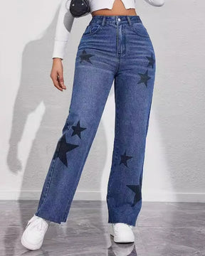 Lässige und Bequeme Jeans mit Geradem Bein und Hoher Taille mit Sternenmuster