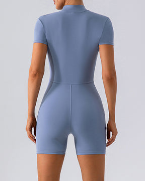 Damen Stehkragen Shorts Jumpsuit Reißverschluss Vorne Kurzärmelig Stretch Sports Strampler