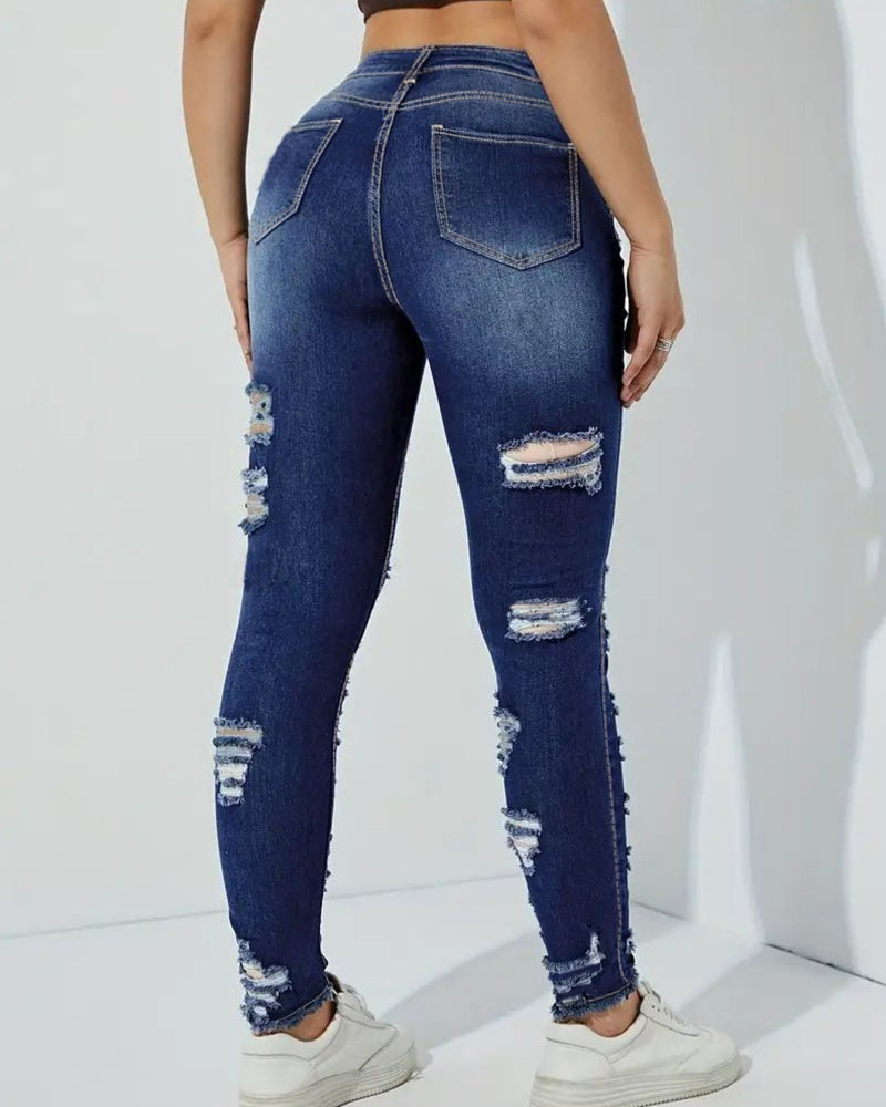 Zerrissene Hochelastische Skinny Jeans mit Raw Edge