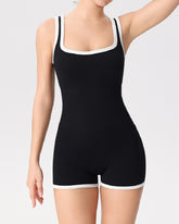 Damen Kontrastpaspelierung Workout Jumpsuit Einteiler Quadrat-Ausschnitt Strampler