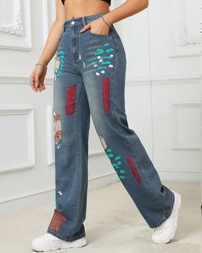 Hip Hop Painted Graffiti Ripped High Waist Straight Simple Vielseitig Jeans