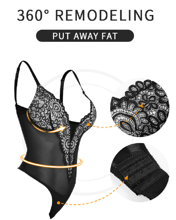 Shapshe® Damen Sexy Transparente Mesh Spitzen Tiefem V-Ausschnitt Bauchkontrolle Tanga Bodysuit