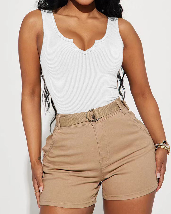 Einfarbiger Gekerbtem Ausschnitt Gerippter Ärmelloser Einteiler Bodysuit Shapewear