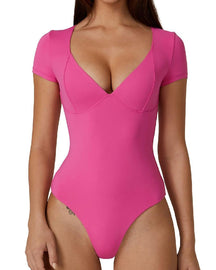 Damen V-Ausschnitt Kurzarm Doppellagige Naht-Cups Oberteil Bodysuit