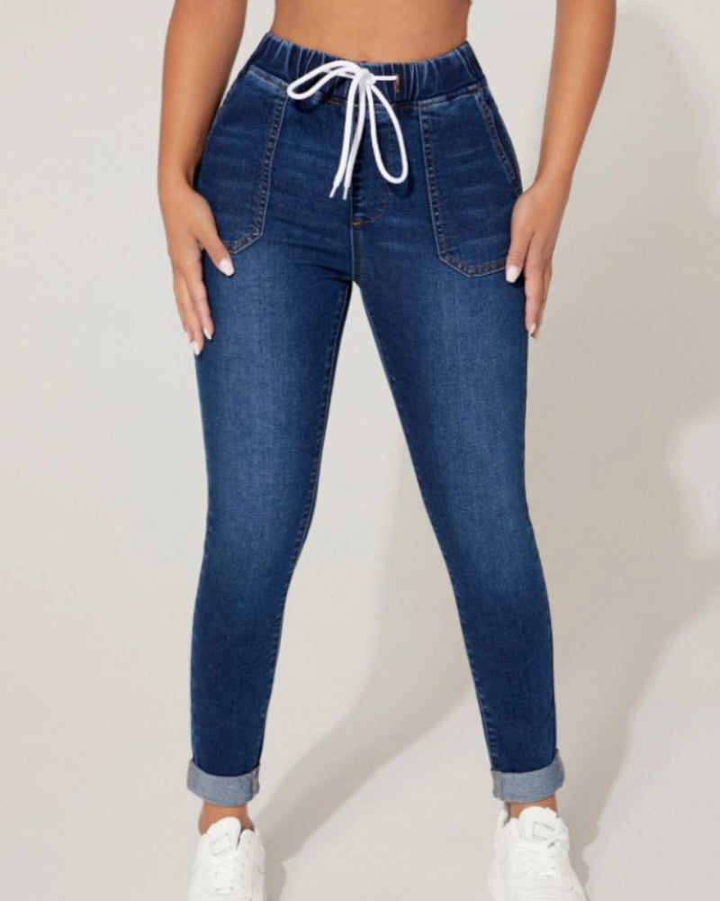 Skinny-Jeans mit Hohem Bund und Kordelzug Elastischer Bund