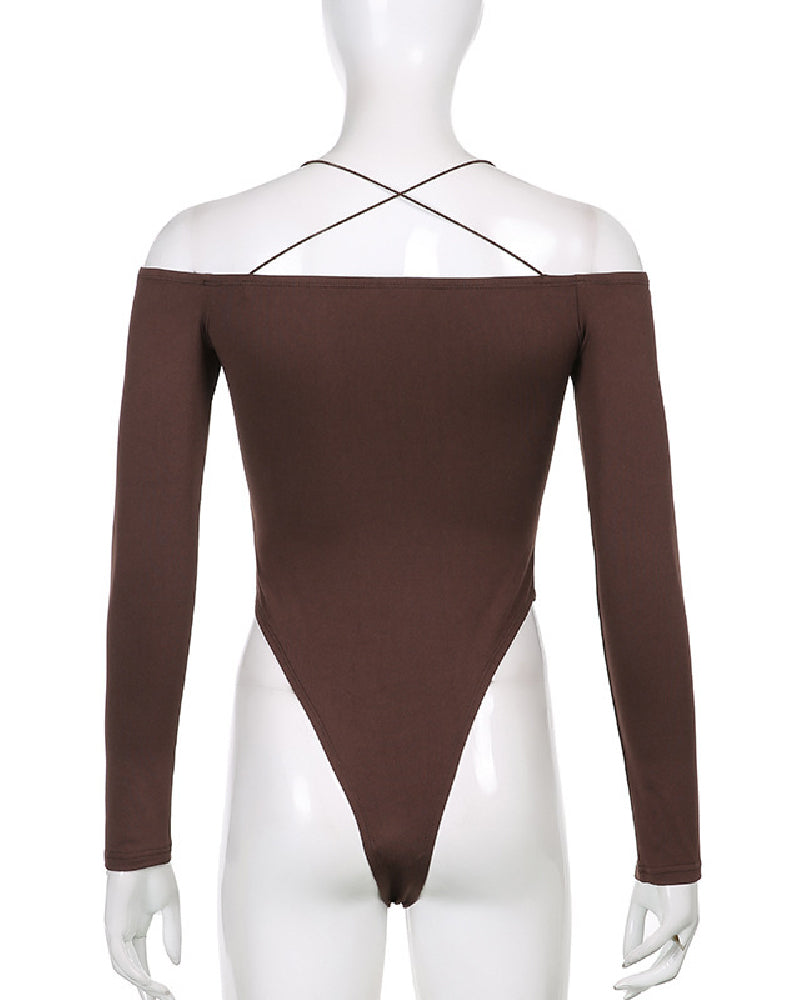 Damen Sexy Schulterfreier Riemchenrücken Langen Ärmeln Tanga Bodysuit