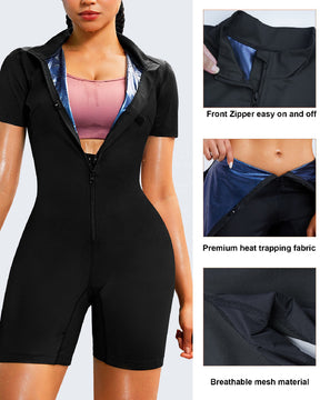 Damen Ganzkörper Stehkragen Saunaanzug Reißverschluss Kurzarm Schweiß Workout Jumpsuit