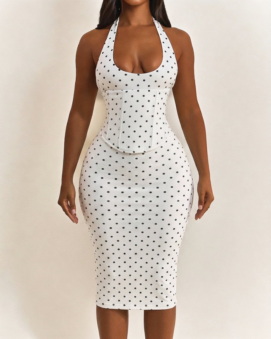 Polka Dot Hourgalss Corset Halter Midi Dress with Lace-Up Back Two-Piece Set