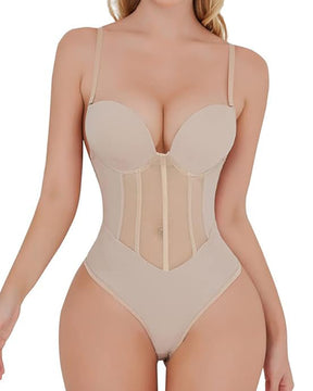 Sexy Mesh Shapewear Korsett Rückenfreier Tanga Bodysuit Mit Integriertem BH