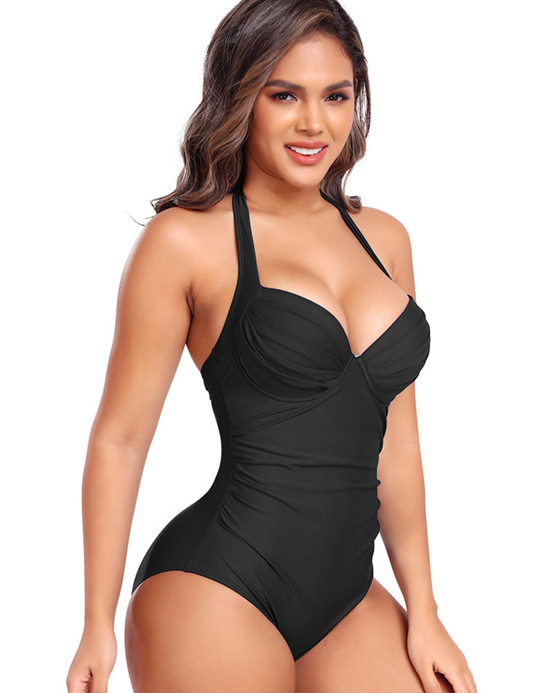 Neckholder Push-Up Einteiler Badeanzug Shapewear Strandmode