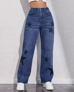 Lässige und Bequeme Jeans mit Geradem Bein und Hoher Taille mit Sternenmuster