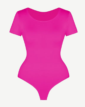 Nahtloser Schlankmachender Kurzärmlig Tanga Rundhalsausschnitt Bodysuit Für Damen