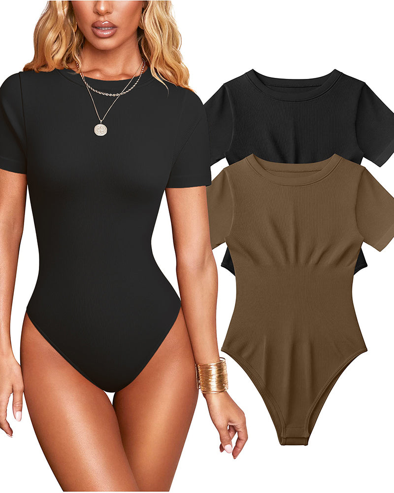 Damen Sexy Gerippter Eckigem Ausschnitt Kurzärmeliger Tanga Bauchweg Bodysuit