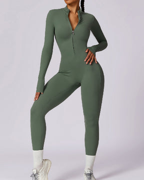 Einteiliger Athleisure Jumpsuit Lange Ärmel Frontreißverschluss Voll Bodysuit