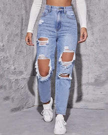 Zerrissene Verwaschene Damen Jeans mit Hoher Taille und Geradem Bein